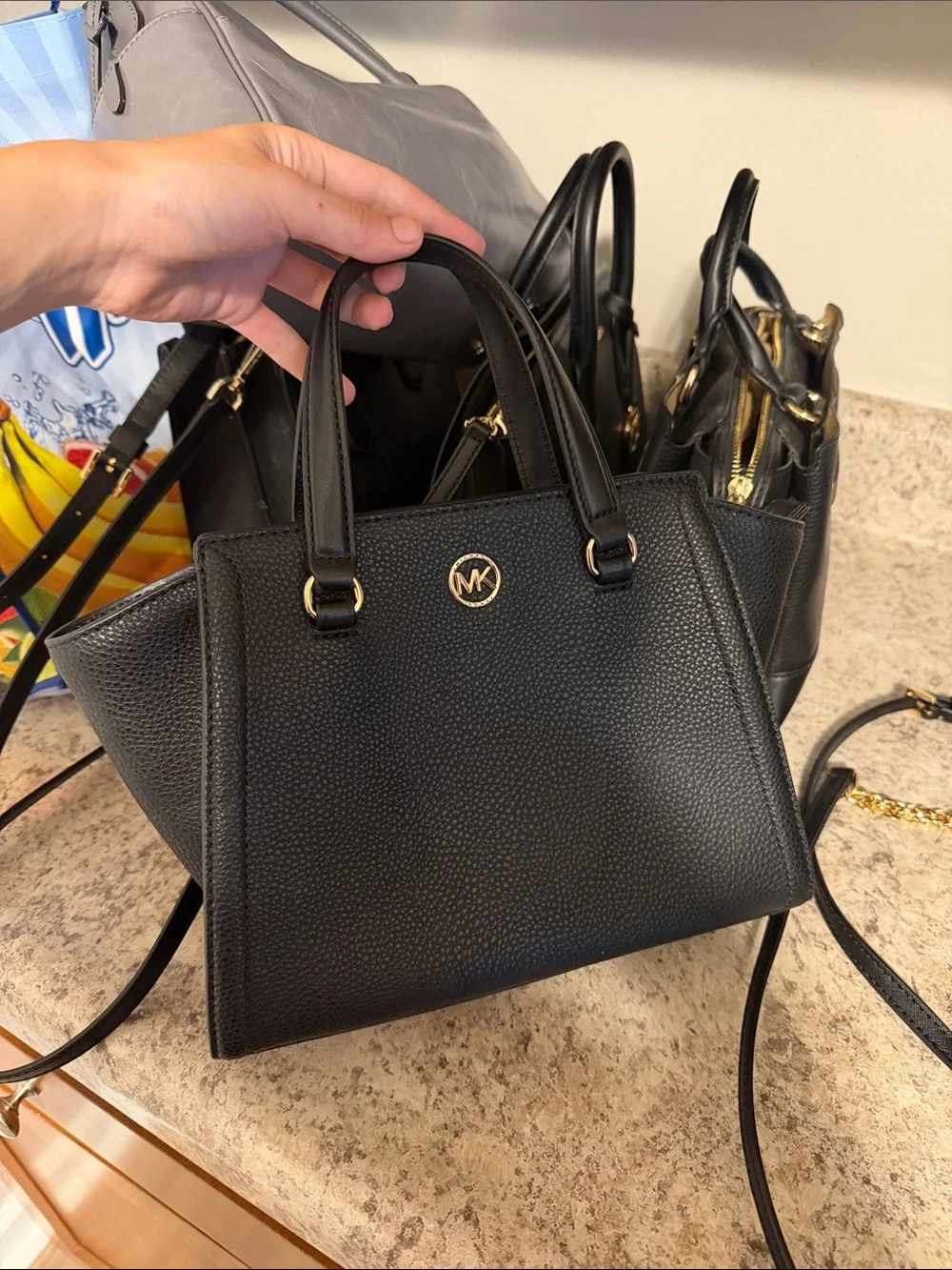 Michael Kors Black Pebbled Leather Top-Handle Satchel with Gold Accent